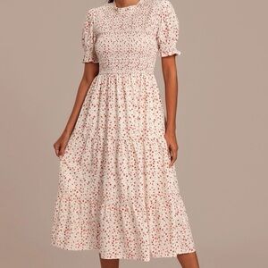 Petallush Cream Midi Dress with Pink Floral Print